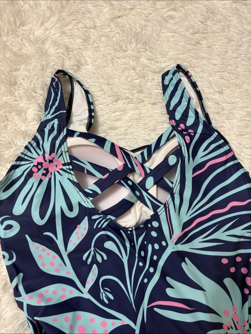 NEW Zando Navy Blue Printed One Piece Swimsuit Criss Cross Back Size M